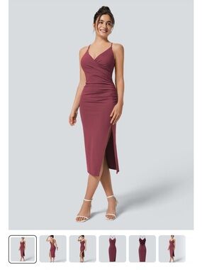 HALARA Mauve Ruched Surplice Midi Dress with Side Slit NWT